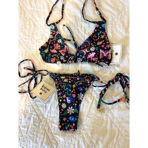 Kulani Kinis Bikini Set Sz S Black W/ Retro Print Bikini w Matching Sarong BNWT